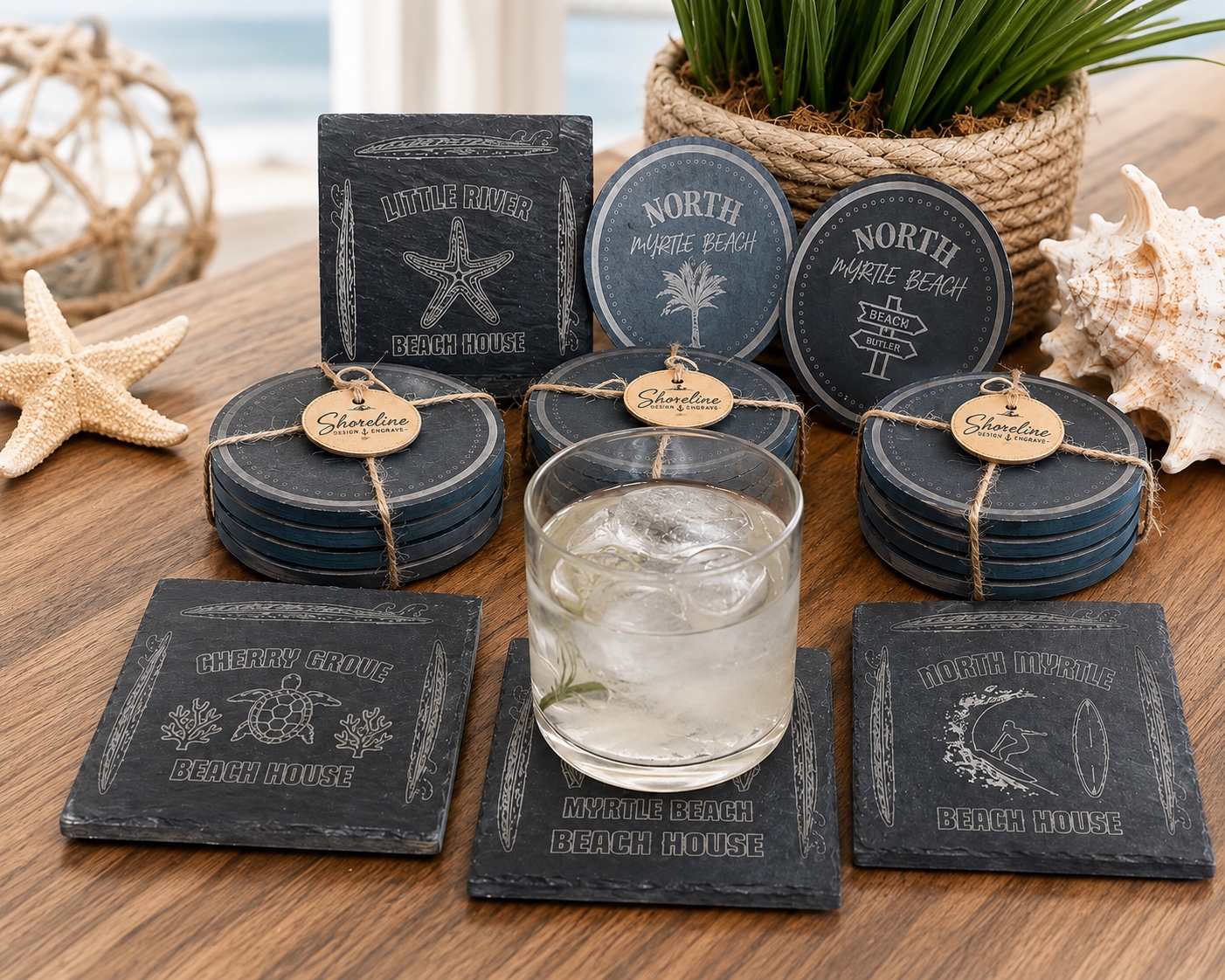 Engraved coastal slate and wood coasters