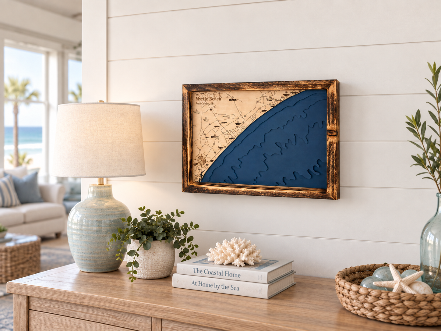 Framed Myrtle Beach layered wood map displayed in a coastal home