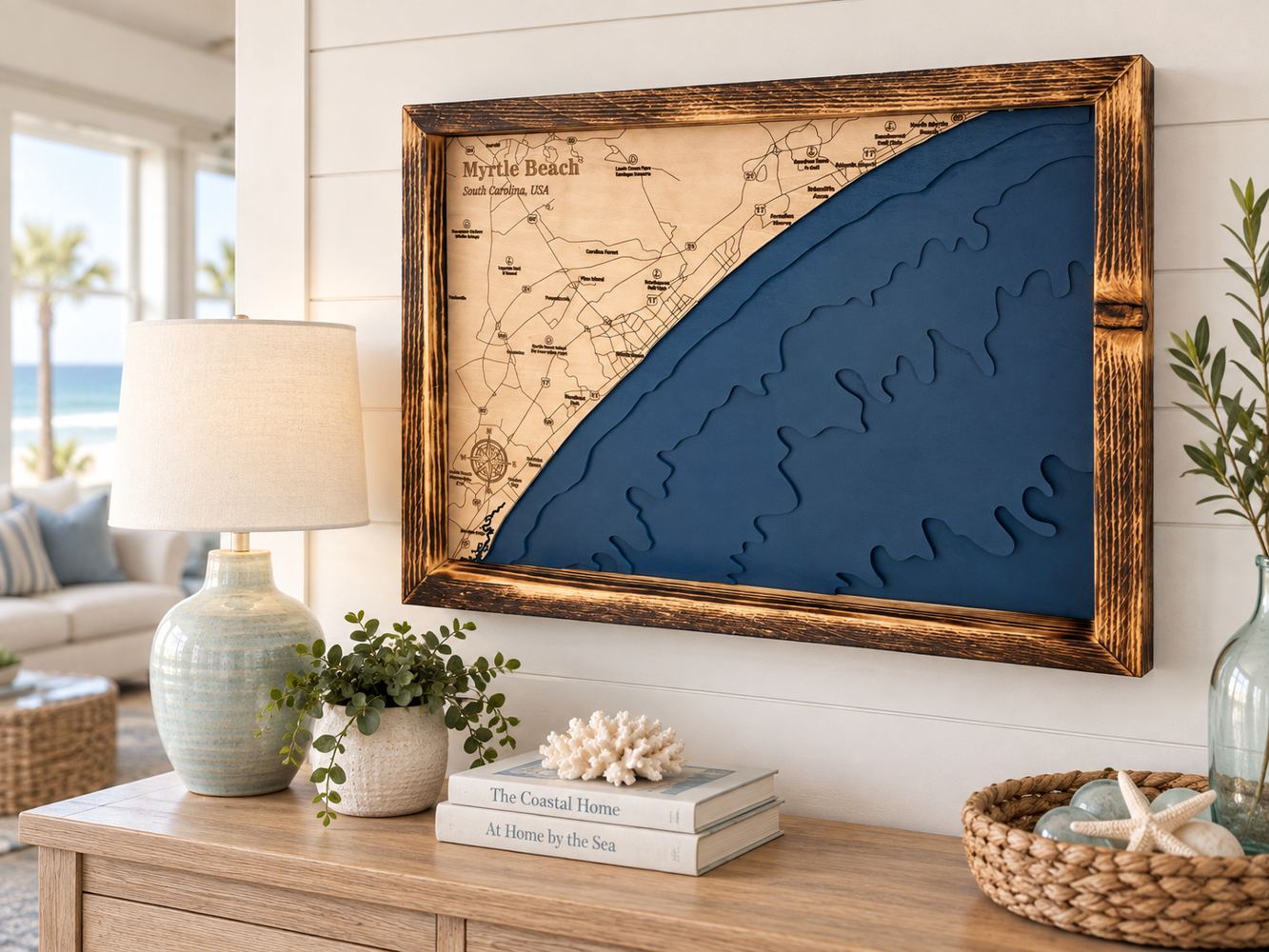 Layered coastal map displayed in a coastal home
