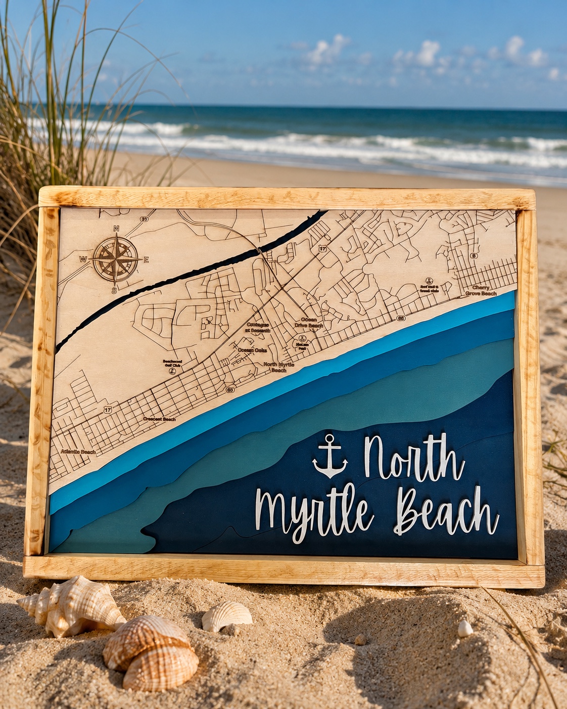 Framed North Myrtle Beach layered wood map