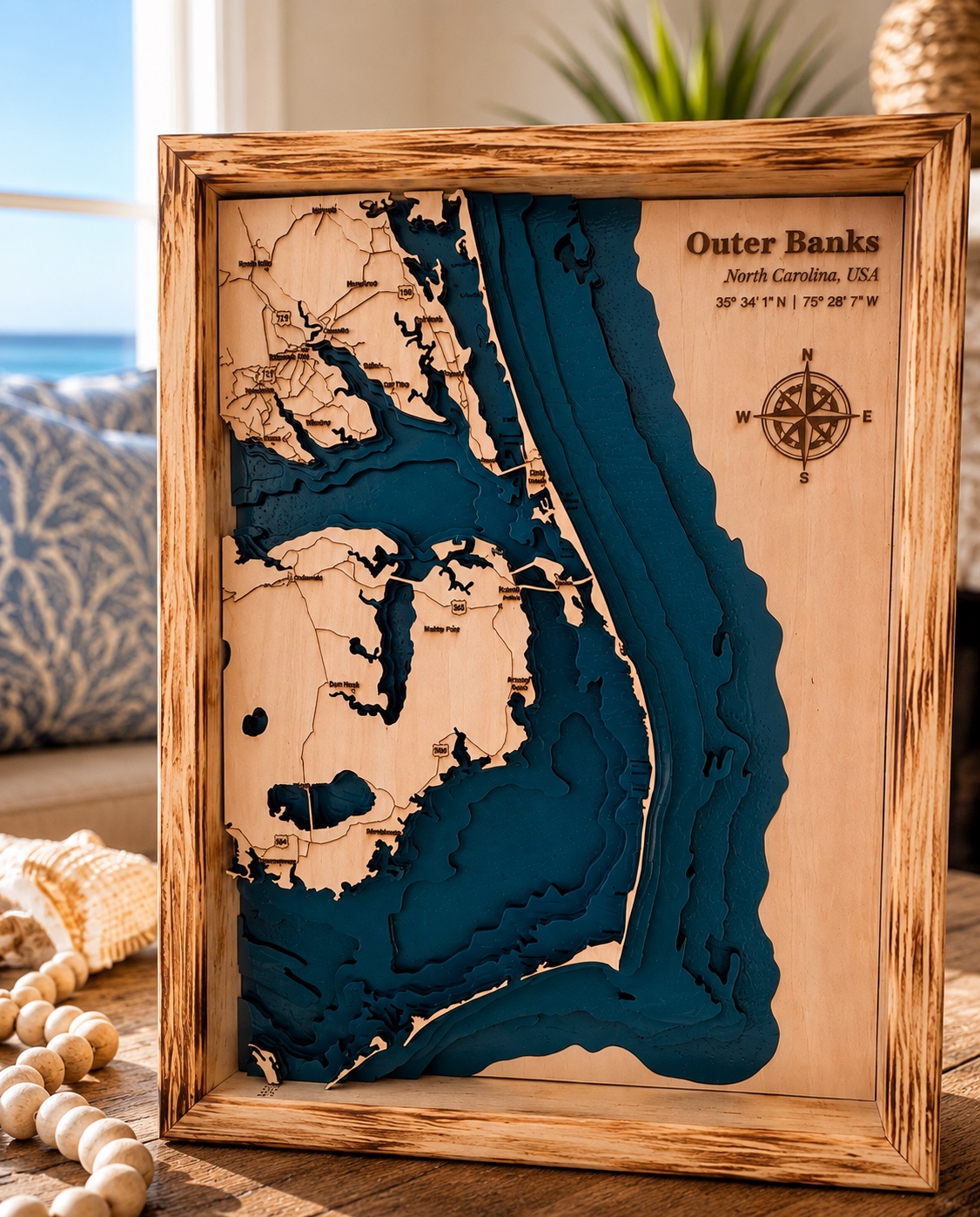 Framed Outer Banks layered wood map