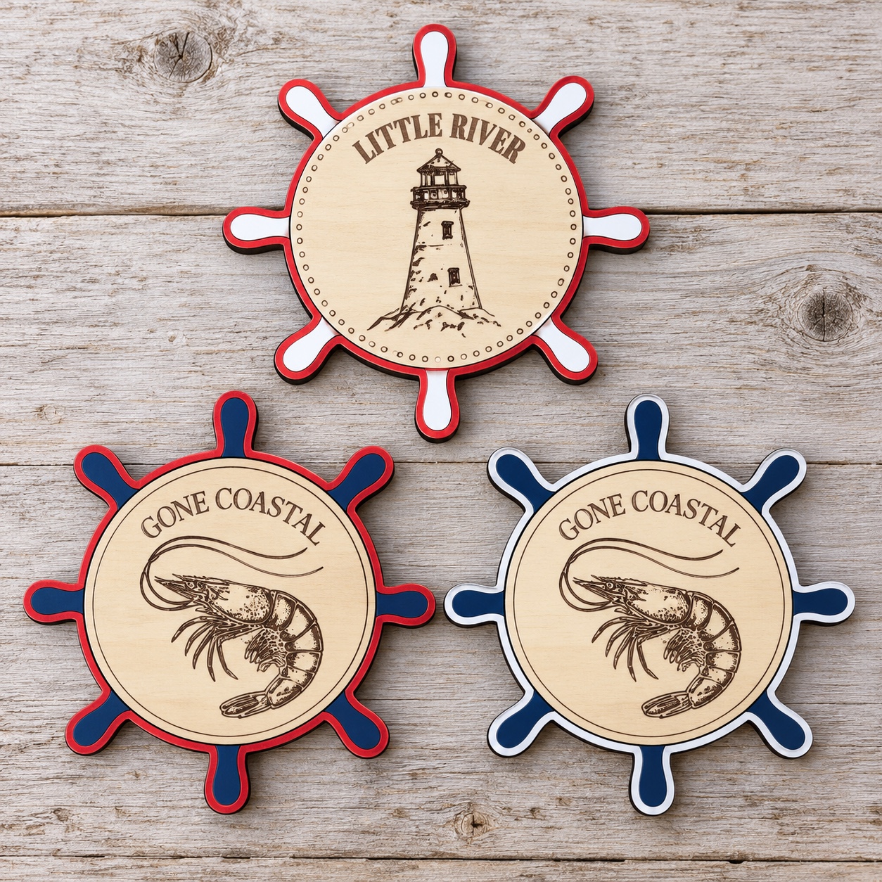 Layered wooden ship wheel coaster set with Little River lighthouse and Gone Coastal shrimp designs
